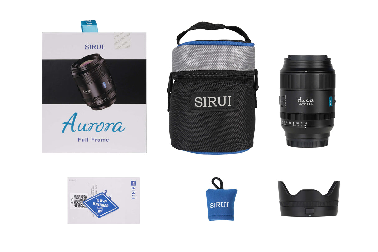 SIRUI AURORA Series 35mm F1.4 Full-frame Autofocus Lens with packaging and accessories displayed.