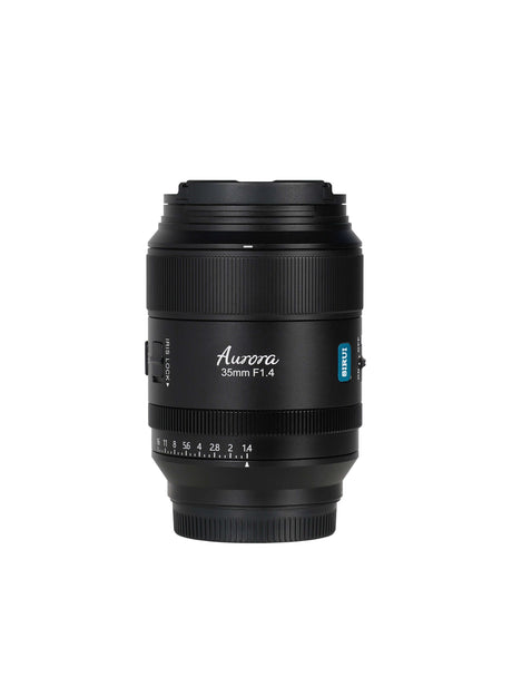 SIRUI AURORA Series 35mm F1.4 Full-frame Autofocus Lens in black, showcasing sleek design and advanced optical features.