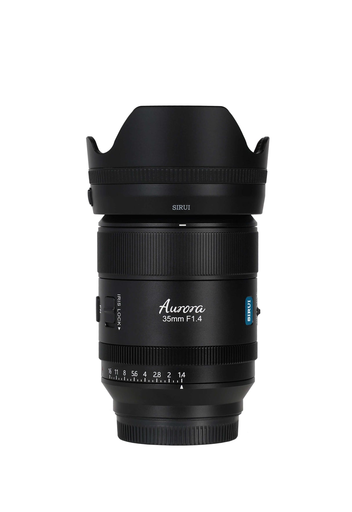 SIRUI AURORA Series 35mm F1.4 Full-frame Autofocus Lens with hood and clear branding.