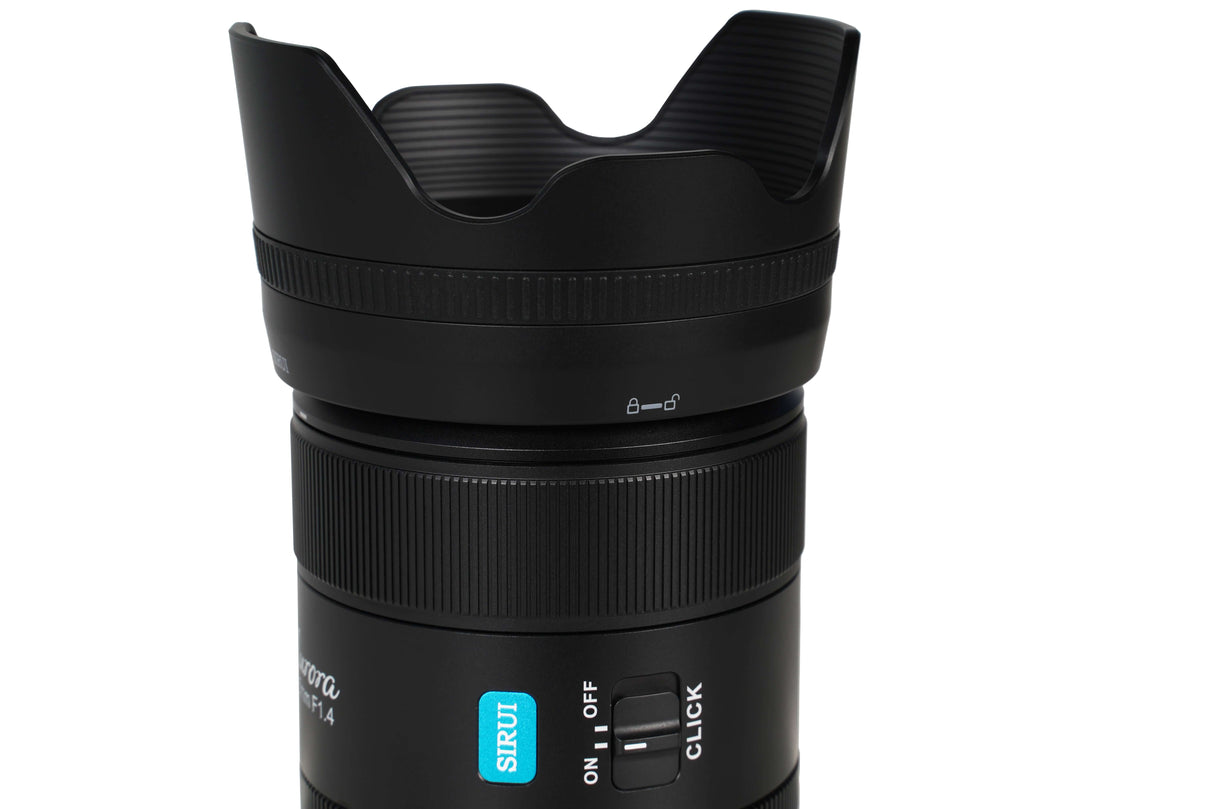 SIRUI AURORA Series 35mm F1.4 Full-frame Autofocus Lens with lens hood and switches visible.