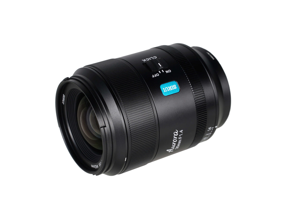 SIRUI AURORA Series 35mm F1.4 Full-frame Autofocus Lens showcasing its sleek design and advanced optical features.