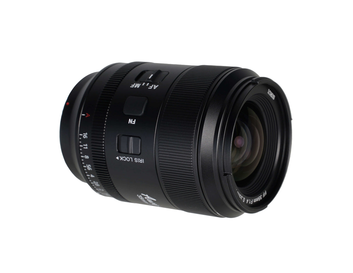 SIRUI AURORA Series 35mm F1.4 Full-frame Autofocus Lens in a sleek design, showcasing its ultra fast aperture and optical performance.