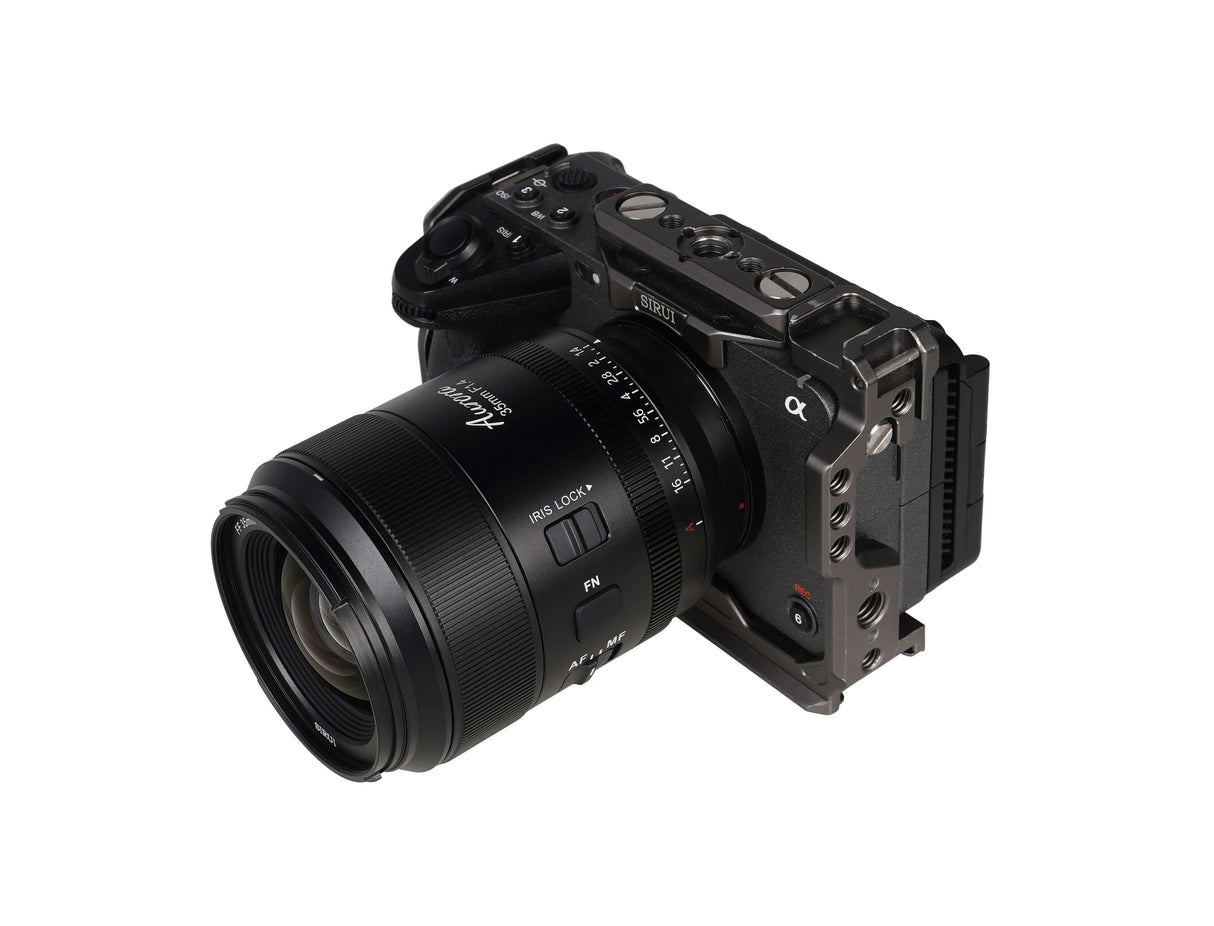 SIRUI AURORA Series 35mm F1.4 Full-frame Autofocus Lens attached to a mirrorless camera.