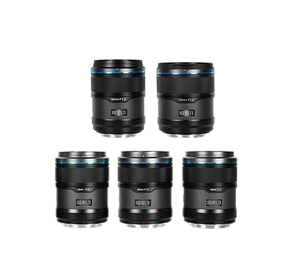 Set of five SIRUI camera lenses including 16mm f/2 and 75mm f/2 for professional photography.