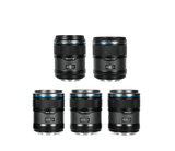 Set of five SIRUI camera lenses including 16mm f/2 and 75mm f/2 for professional photography.